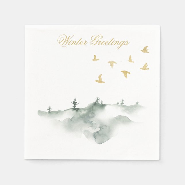 Watercolor Pine Trees and Birds Winter Napkins (Front)