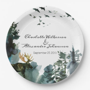 Watercolor Pine Trees and Moose Pacific Northwest Paper Plates