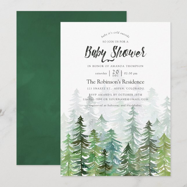 Watercolor Pine Trees Baby Shower Invitation (Front/Back)
