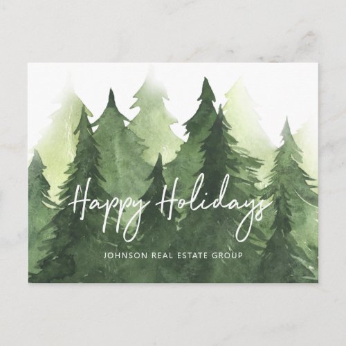 Watercolor Pine Trees Business Happy Holidays Postcard