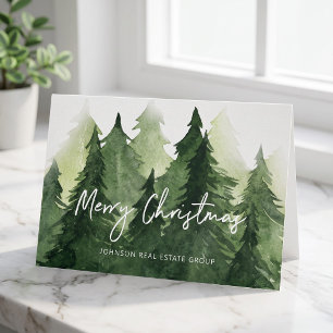 Watercolor Pine Trees Business Merry Christmas Holiday Card
