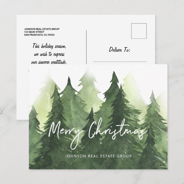 Watercolor Pine Trees Business Merry Christmas Postcard (Front/Back)