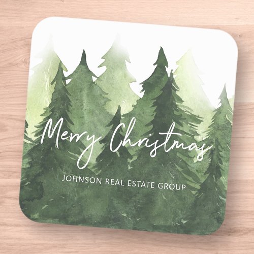 Watercolor Pine Trees Business Merry Christmas Square Sticker