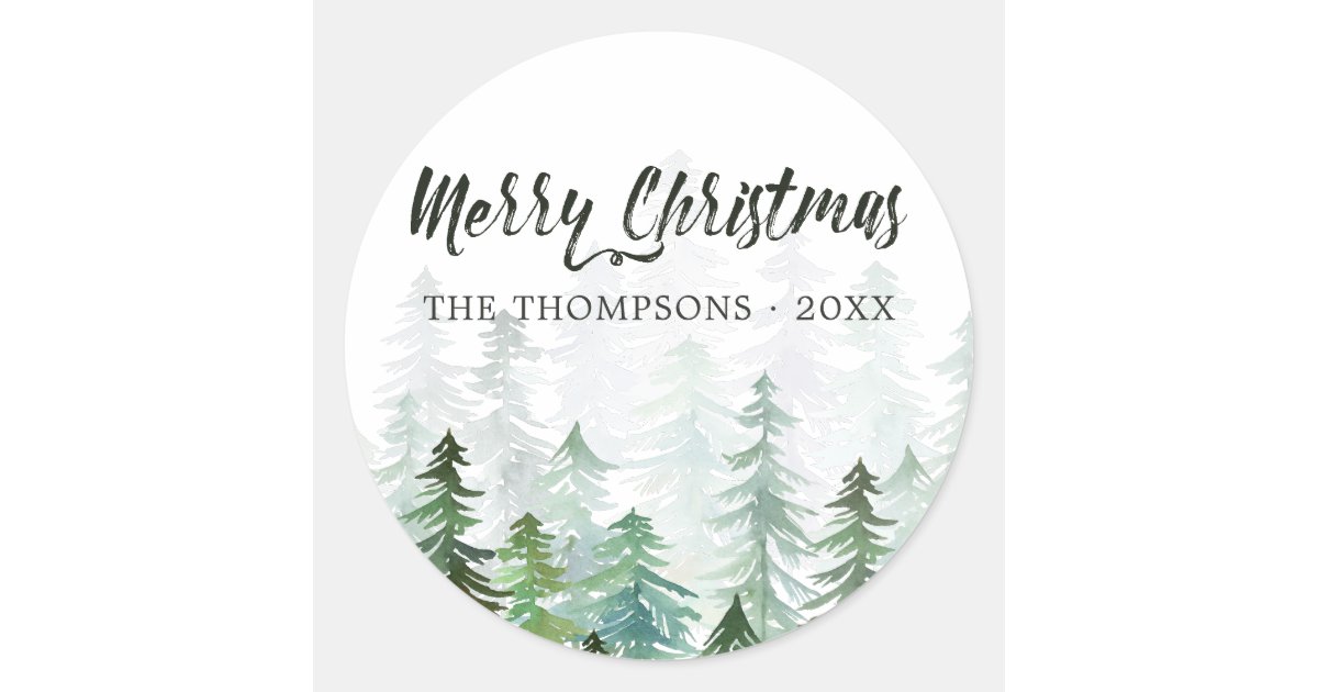 Watercolor Pine Trees Christmas Classic Round Sticker | Zazzle