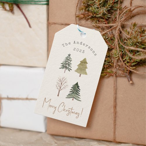 Watercolor Pine Trees Christmas Family Photo Gift Tags