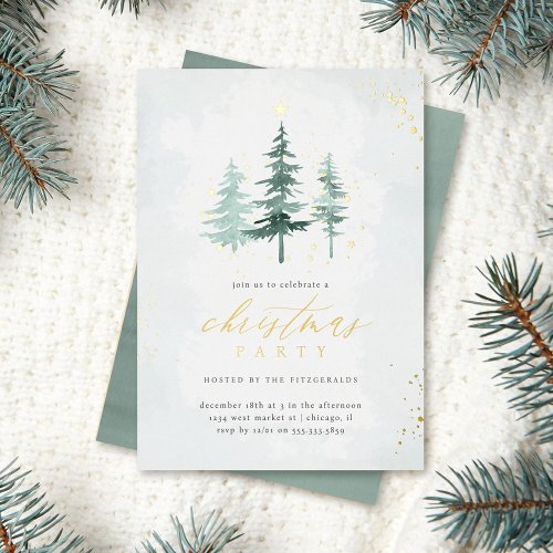 Watercolor Pine Trees Christmas Holiday Party Foil Invitation