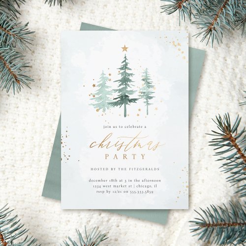 Watercolor Pine Trees Christmas Holiday Party Invitation