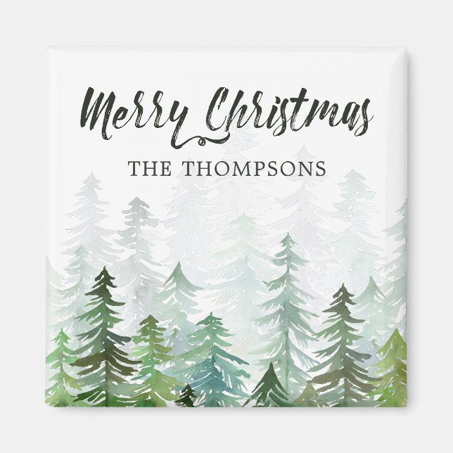 Watercolor Pine Trees Christmas Magnet (Front)