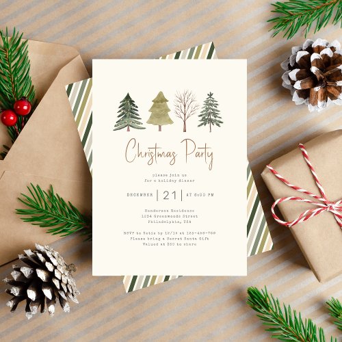 Watercolor Pine Trees Christmas Party Dinner Invitation