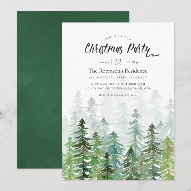 Watercolor Pine Trees Christmas Party Invitation (Front/Back)