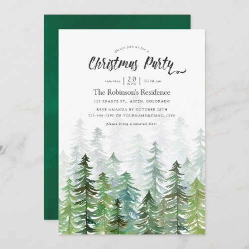 Watercolor Pine Trees Christmas Party Invitation