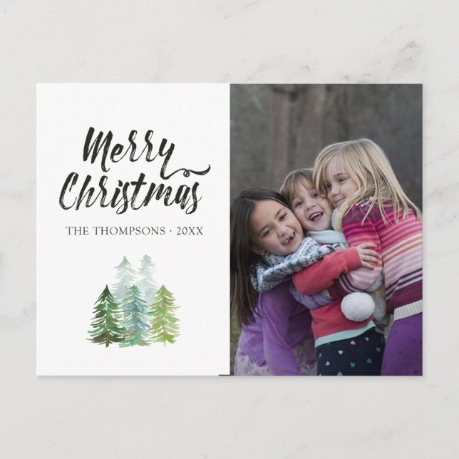 Watercolor Pine Trees Christmas Photo Announcement Postcard (Front)