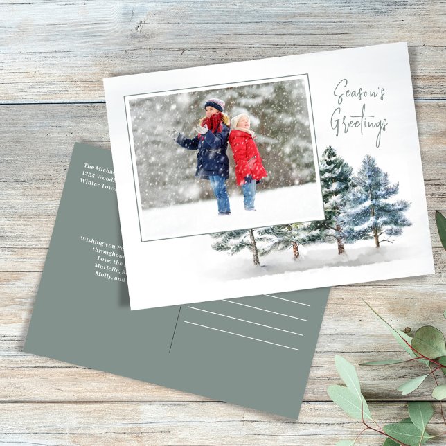 Watercolor Pine Trees Christmas Photo Custom Holiday Postcard (Season's Greetings holiday photo postcard.)