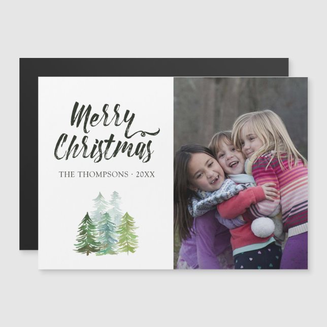 Watercolor Pine Trees Christmas Photo Magnetic Invitation (Front/Back)