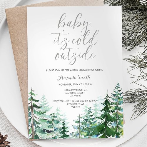 Watercolor Pine Trees Cold Outside Baby Shower Invitation