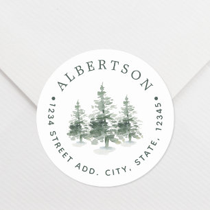 Watercolor Pine Trees Family Name Return Address Classic Round Sticker
