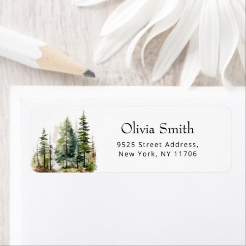 Watercolor pine trees forest return Address Label