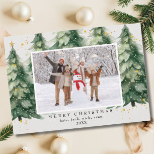 Watercolor Pine Trees Gold Confetti Family Photo Holiday Card