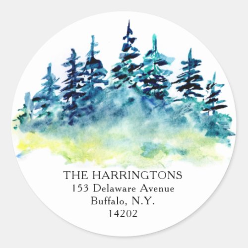 Watercolor Pine Trees Hand_Drawn Return Address Classic Round Sticker