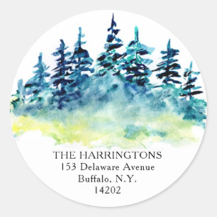 Watercolor Pine Trees Hand-Drawn Return Address Classic Round Sticker