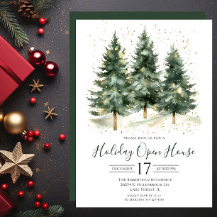 Watercolor Pine Trees Holiday Open House Invitation