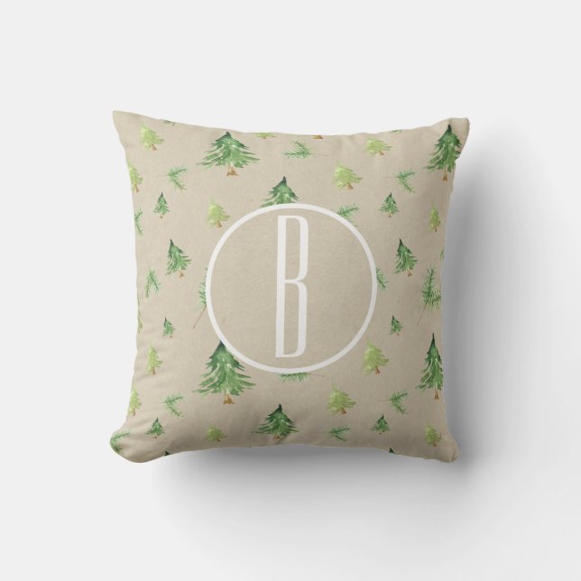 Watercolor Pine Trees Kraft Monogram initial Throw Pillow (Front)
