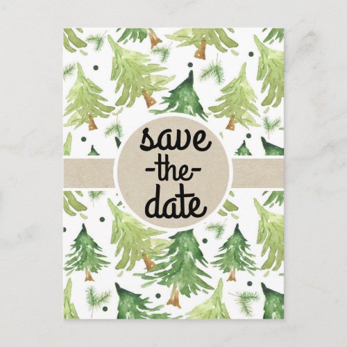 Watercolor Pine Trees Kraft Rustic Save the Date Announcement Postcard