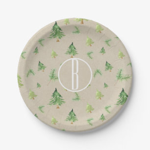 Watercolor Pine Trees Kraft Rustic Winter Wedding Paper Plates