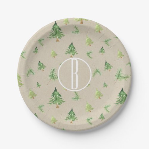 Watercolor Pine Trees Kraft Rustic Winter Wedding Paper Plates