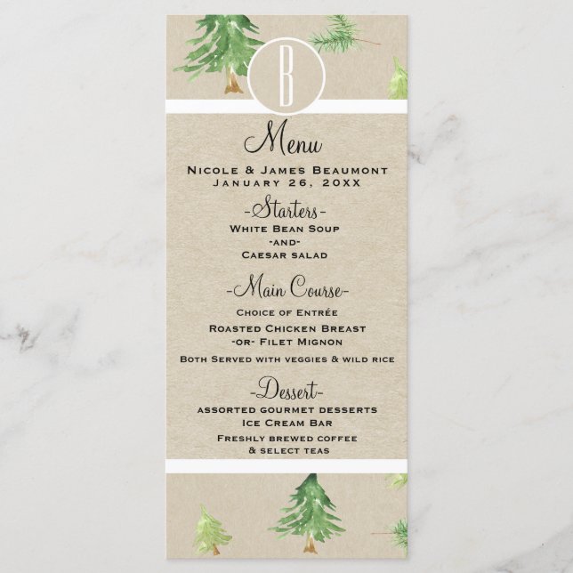 Watercolor Pine Trees Kraft Winter Wedding Menu (Front)
