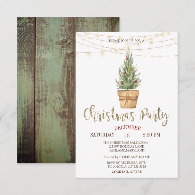 Watercolor Pine Trees,Lights Wood Christmas  Invitation (Front/Back)