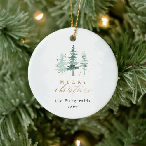 Watercolor Pine Trees Merry Christmas Photo Ceramic Ornament