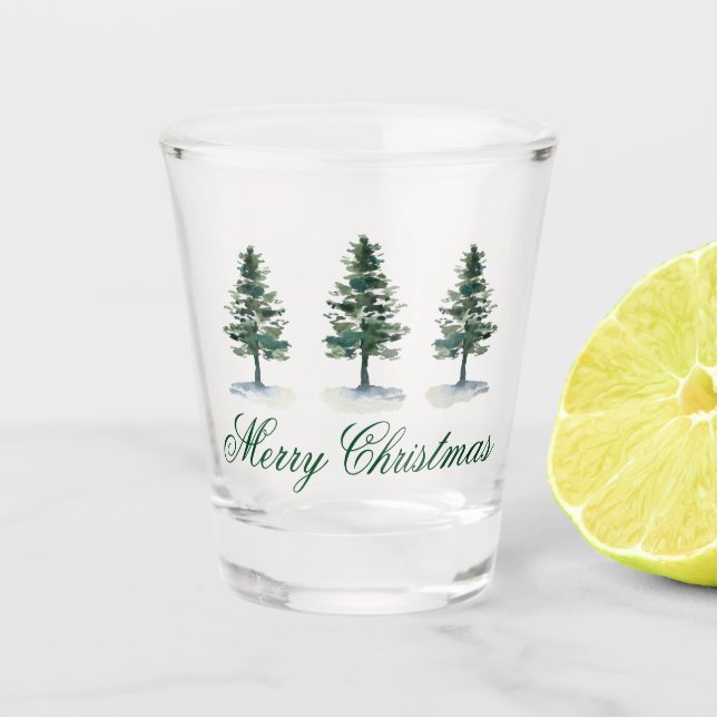 Watercolor Pine Trees Merry Christmas Shot Glass (Front)