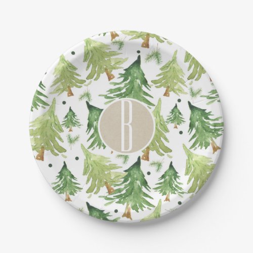 Watercolor Pine Trees Modern Rustic Kraft Party Paper Plates