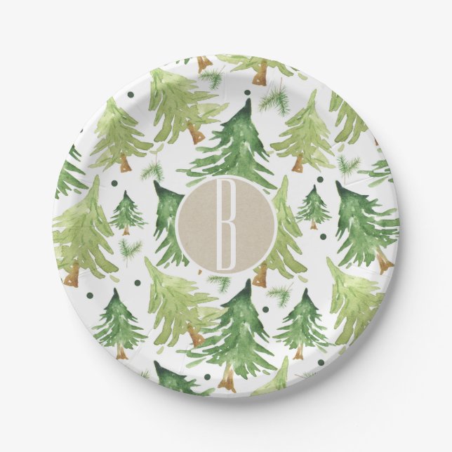 Watercolor Pine Trees Modern Rustic Kraft Party Paper Plates (Front)