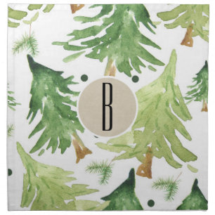 Watercolor Pine Trees Modern Rustic Monogram Kraft Napkin