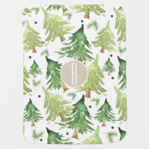 Watercolor Pine Trees Modern Rustic Monogram Kraft Receiving Blanket