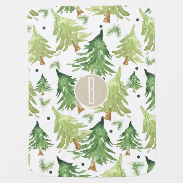 Watercolor Pine Trees Modern Rustic Monogram Kraft Receiving Blanket (Front)