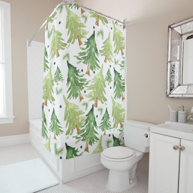 Watercolor Pine Trees Modern Rustic Monogram Kraft Shower Curtain (In Situ)