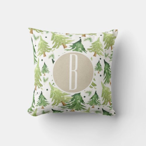 Watercolor Pine Trees Modern Rustic Monogram Kraft Throw Pillow