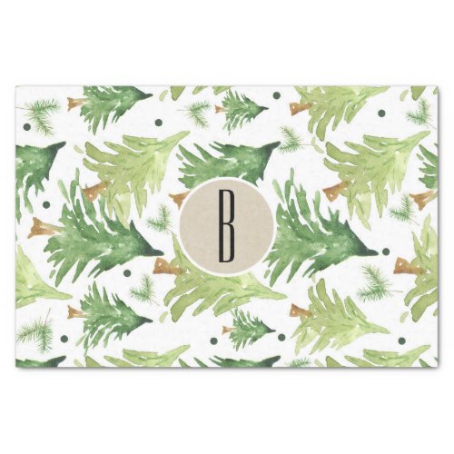 Watercolor Pine Trees Modern Rustic Monogram Kraft Tissue Paper