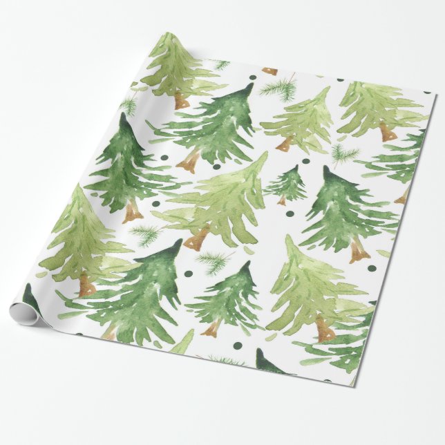 Watercolor Pine Trees Modern Rustic Wrapping Paper (Unrolled)