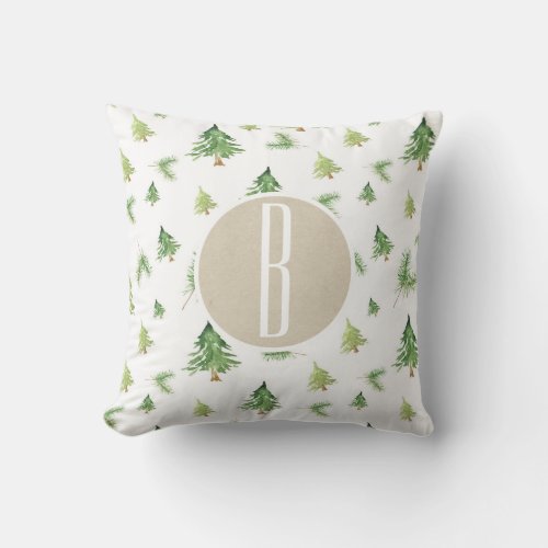 Watercolor Pine Trees Monogram Letter Initial Throw Pillow