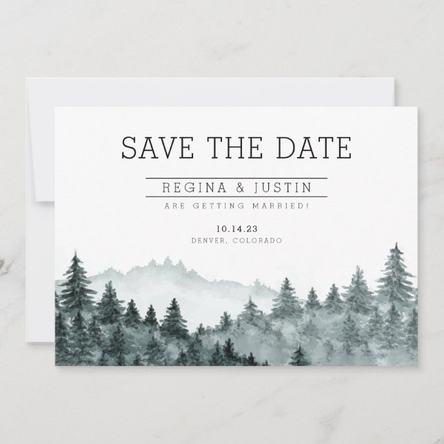 Watercolor Pine Trees Mountain Save the Date Invitation (Front)