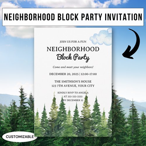 Watercolor Pine Trees Neighborhood Block Party Invitation