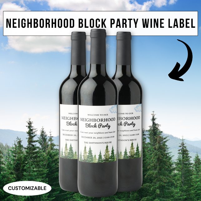 Watercolor Pine Trees Neighborhood Block Party Wine Label (Creator Uploaded)