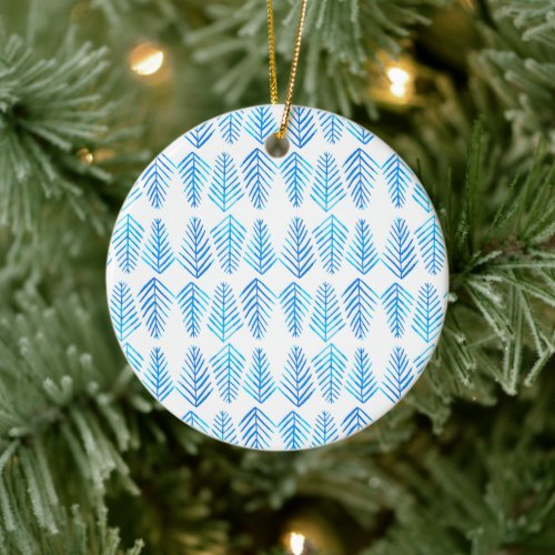 Watercolor Pine trees pattern _ blue Ceramic Ornament
