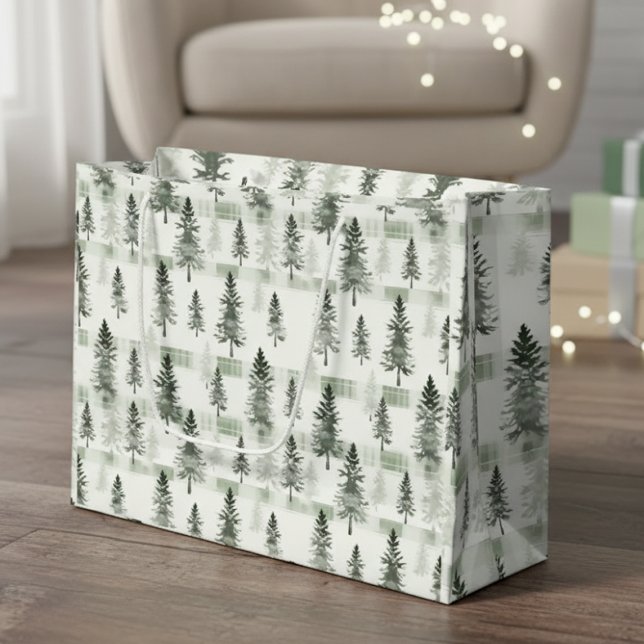 Watercolor Pine Trees Plaid Christmas Gift Bag | S (Creator Uploaded)