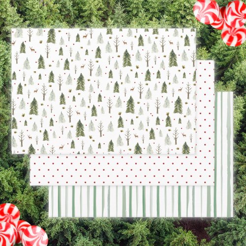 Watercolor Pine Trees Red Green Stripes Christmas Wrapping Paper Sheets