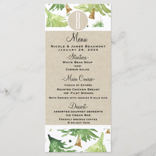 Watercolor Pine Trees Rustic Kraft Wedding Menu (Front)